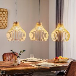 TEMAR LIGHTING Barrel pendant light with wooden shades, 3-bulb, long