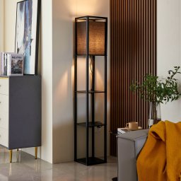 Lindby Birta floor lamp, black, shelf, wood, 159 cm