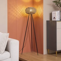 Lindby floor lamp Nerys, black, bamboo, Ø 31.5 cm, tripod