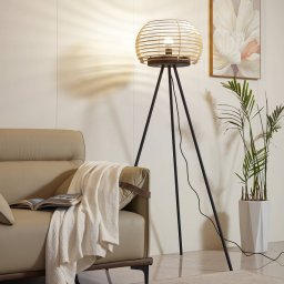 Lindby Ediz floor lamp, black, wood, 159 cm high, E27