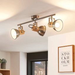 Lindby Dennis ceiling light with wood, 3-bulb, long