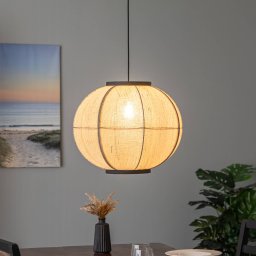 Lindby pendant light Aurinil, wood-coloured, linen, Ø 48cm, E27