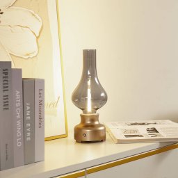 Lindby LED rechargeable table lamp Maxentius gold-coloured glass dimmable