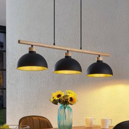 Lindby Tirzana pendant light, 3-bulb, black, metal, wood