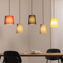 Lindby Amilia hanging light, fabric, 5-bulb, red/grey/yellow, E27