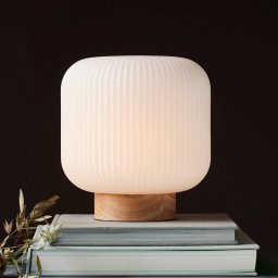 Nordlux Milford table lamp, glass lampshade, wooden base