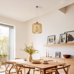 Argon Paz hanging light, chrome, wooden slats, cylinder Ø 45 cm