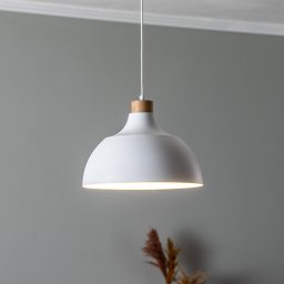 Envostar Kaitt pendant light, white, Ø 34 cm, wooden detail