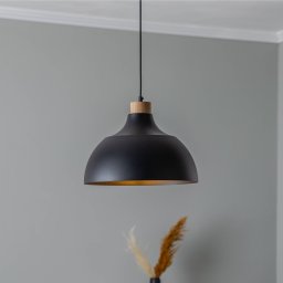 Envostar Kaitt pendant light, black, Ø 34 cm, wooden detail