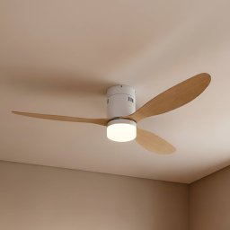 Lucande LED ceiling fan Kayu, white/wood, DC, 132 cm