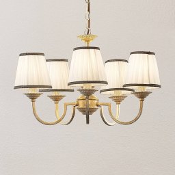 Lindby chandelier Lumiel, 5flg., cream/brass, textile