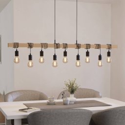 EGLO Townshend pendant light, length 150 cm, black/wood, 9-bulb.