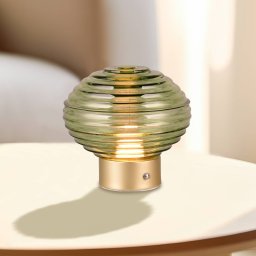 Reality Leuchten Earl LED table lamp, brass/green, height 14.5 cm, glass