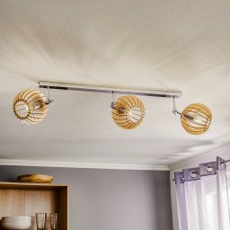 Argon Paz ceiling lamp, chrome, wooden slat globe, 3-bulb