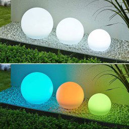 Lindby LED solar lamps Lago, RGBW, set of 3, globes, ground spike