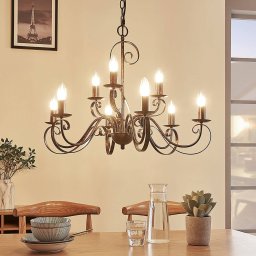 Lindby chandelier Caleb, 9-bulb, rust-coloured, metal, E14