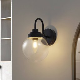 Lucande Badolo wall light, black, glass, 25 cm high, IP44
