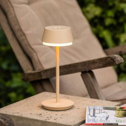 Konstsmide LED table lamp Lyon, sand-coloured, IP54, dimmable, CCT, RGB