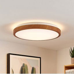 Lindby LED ceiling light Mynte, Ø43cm, wood look, plastic
