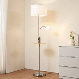 Lindby Aovan floor lamp, nickel-coloured, shelf, USB connection