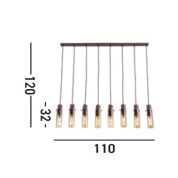 Searchlight Sweden II pendant light, 8-bulb, long, steel, glass, E27