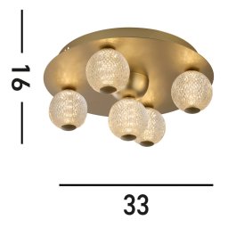 Searchlight LED ceiling light Asteroid, gold, Ø 33 cm steel/acrylic 5-bulb.