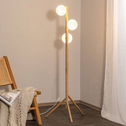 TK Lighting Estera floor lamp, opal glass, wooden frame, 132 cm, 3-bulb