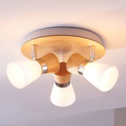 Lindby Vivica ceiling lamp, Ø 26 cm, chrome/wood, 3-bulb