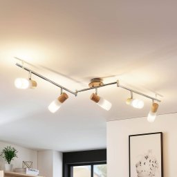 Lindby ceiling spotlight Christoph, 130 cm, 4-bulb, wood, glass