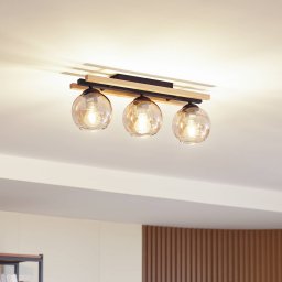 Lindby ceiling lamp Enrique, amber, 3-bulb, glass, wood, E27