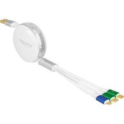 DELOCK 85358 - Charging cable, 3in1, A to 1x Micro-B, 2x C, reel, white, 1.13 m