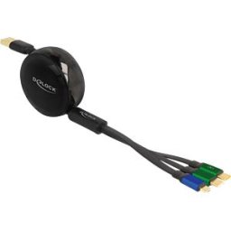 DELOCK 85359 - Charging cable, 3in1, A to 1x Micro-B, 2x C, reel, black, 1.13 m