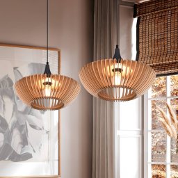 Trio Lighting Colino hanging light made of wooden slats, light wood