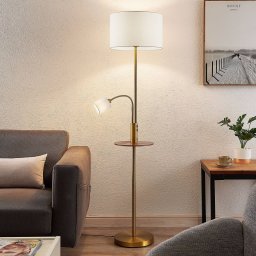 Lindby Aovan floor lamp, bronze-coloured, shelf, USB port