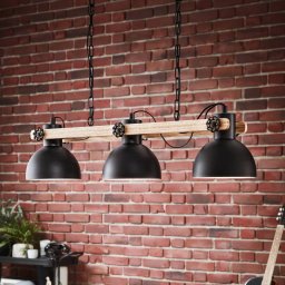 EGLO Lubenham hanging light, black/light wood, length 90 cm, 3-bulb.