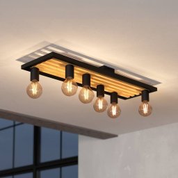 EGLO Consett ceiling lamp, black/brown, wood, 78 cm, 6-bulb, E27
