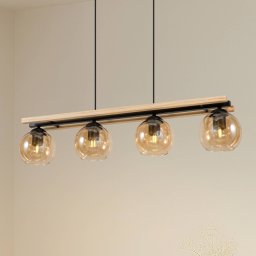 Lindby hanging light Enrique, amber, 4-bulb, glass, wood, E27
