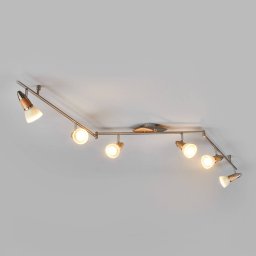 Lindby Marena ceiling light, 6-bulb, glass, wood, 180 cm long