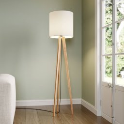 Quitani floor lamp Nida, wooden frame, white lampshade