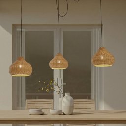 Lucande outdoor hanging light Taniola, 3-bulb, beige, rattan, IP44
