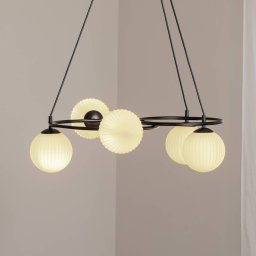 EMIBIG LIGHTING Libra living room lamp, opal/black, Ø 70 cm, glass, 5-bulb.