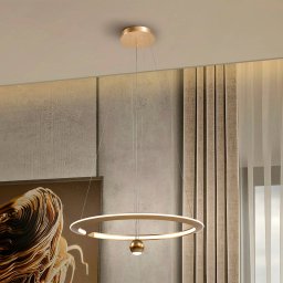 Schuller Valencia LED pendant light, orange gold, height-adjustable, Ø 60 cm