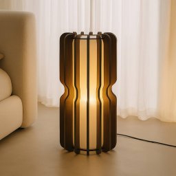 Lucande Juneta floor lamp, 75 cm, brown, wood, textile