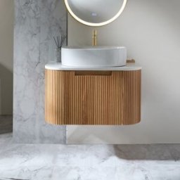 HudsonReed Mobile Bagno Curvo Sospeso da 800mm in Rovere con Scanalature e Lavabo da Appoggio Ovale - Chalton