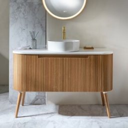 HudsonReed Mobile Bagno Curvo da 1200mm in Rovere con Scanalature e Lavabo da Appoggio Rotondo - Chalton