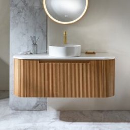 HudsonReed Mobile Bagno Curvo Sospeso da 1200mm in Rovere con Scanalature e Lavabo da Appoggio Rotondo - Chalton