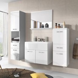 garneroarredamenti Mobile bagno sospeso 60cm con lavabo, specchio e colonne bianco lucido Loretta