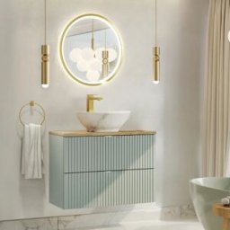 garneroarredamenti Mobile bagno sospeso 80cm cannettato 2 cassetti verde salvia rovere Greeny