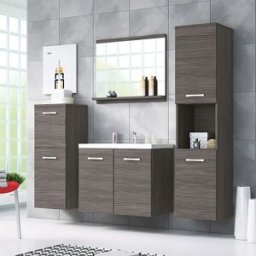 garneroarredamenti Mobile bagno sospeso 60cm con lavabo, specchio e 2 colonne rovere grigio Saturnia