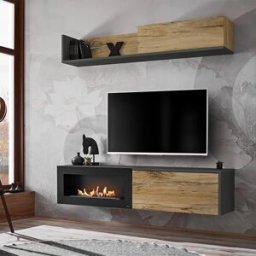 garneroarredamenti Parete attrezzata sospesa 180x150h cm con caminetto bioetanolo rovere antico antracite Botticelli